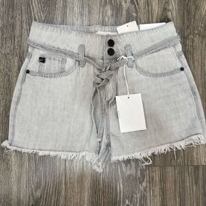 KanCan Tamsin Ultra High Rise Belted Light Gray Small Denim Shorts